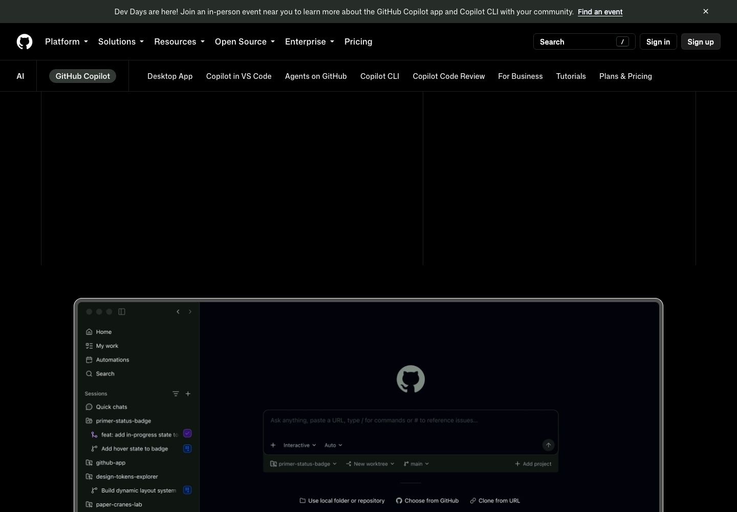 GitHub Copilot官网首屏(2026-10-06 截图)